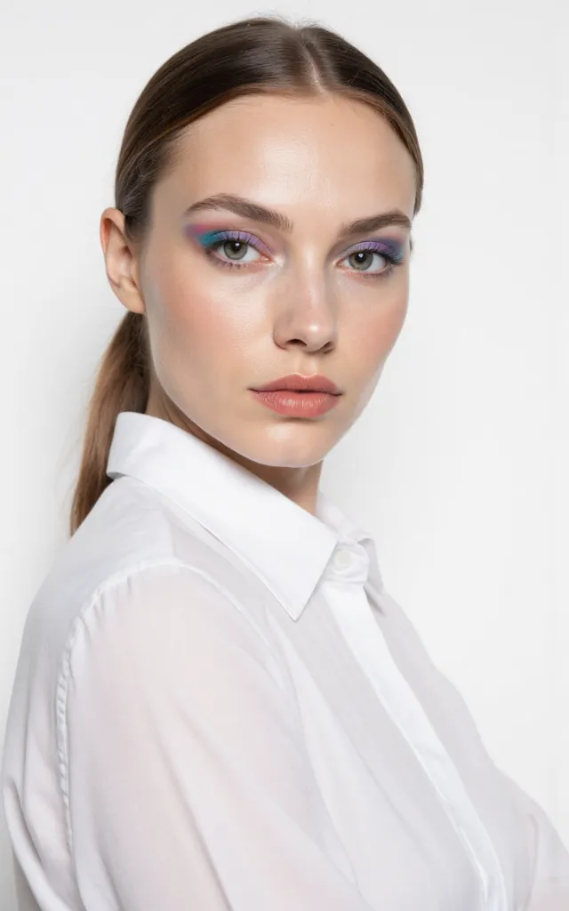 A French female model with a Mermaid   inspired makeup style, wearing a shirt, against a white background, in a front   facing bust portrait